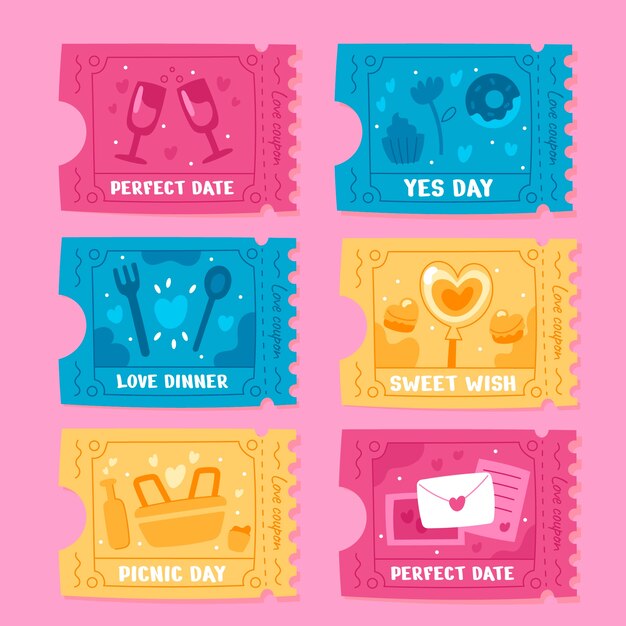 Hand drawn love coupons set illustration