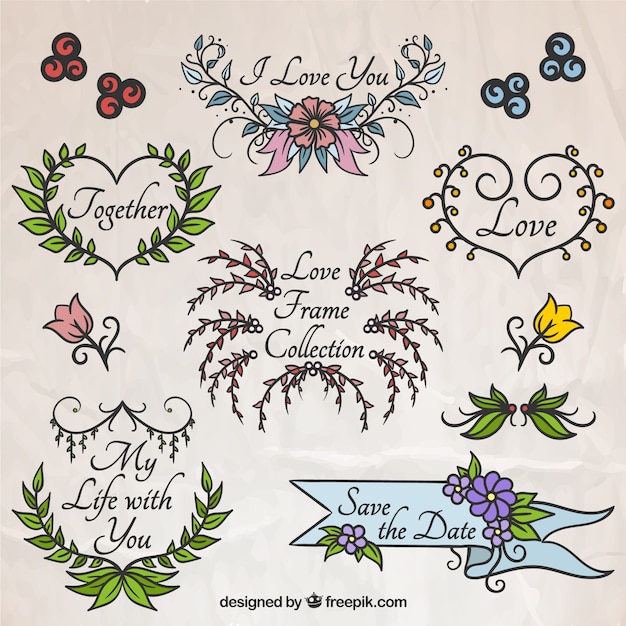 Hand drawn love floral frame collection 