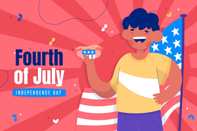 Free Vector hand drawn man with hotdog 4th of july background