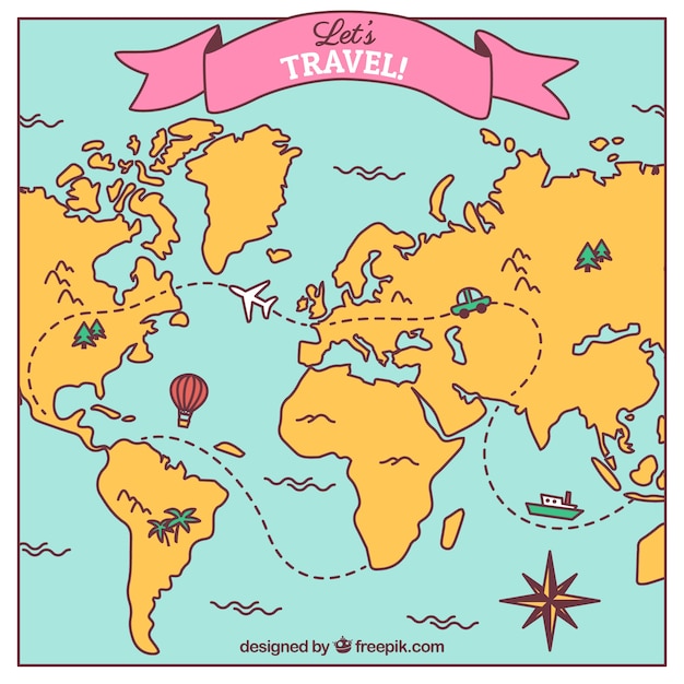 Free Vector hand drawn map with travel elements