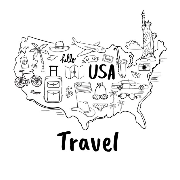 Hand drawn map with travel elements