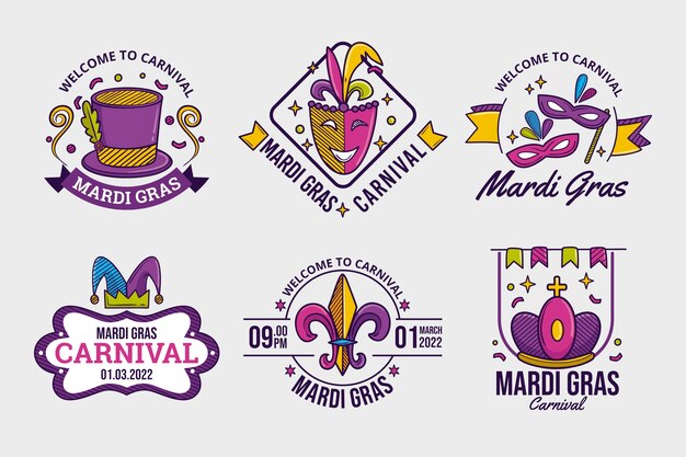 Hand drawn mardi gras badges collection