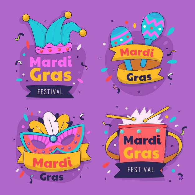 Hand drawn mardi gras badges collection