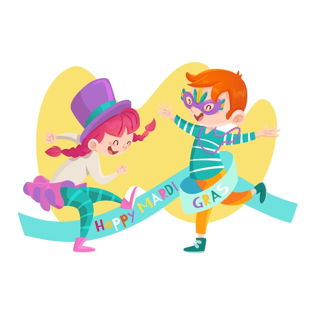 Hand drawn mardi gras illustration with kids