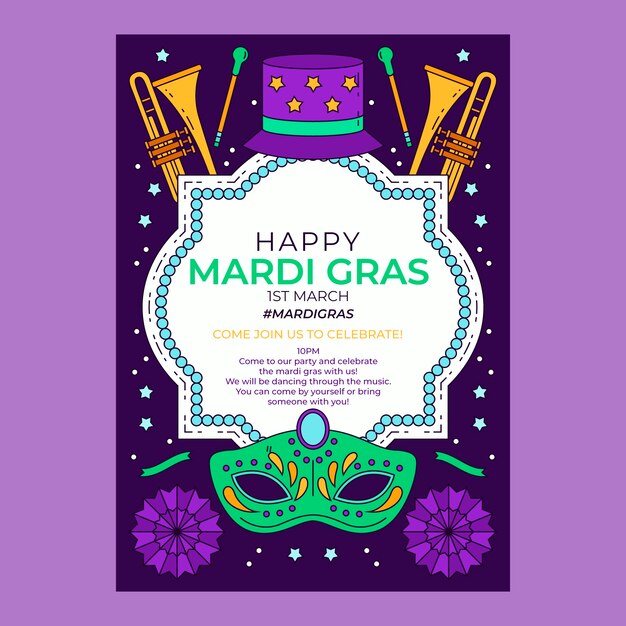 Hand drawn mardi gras vertical flyer template