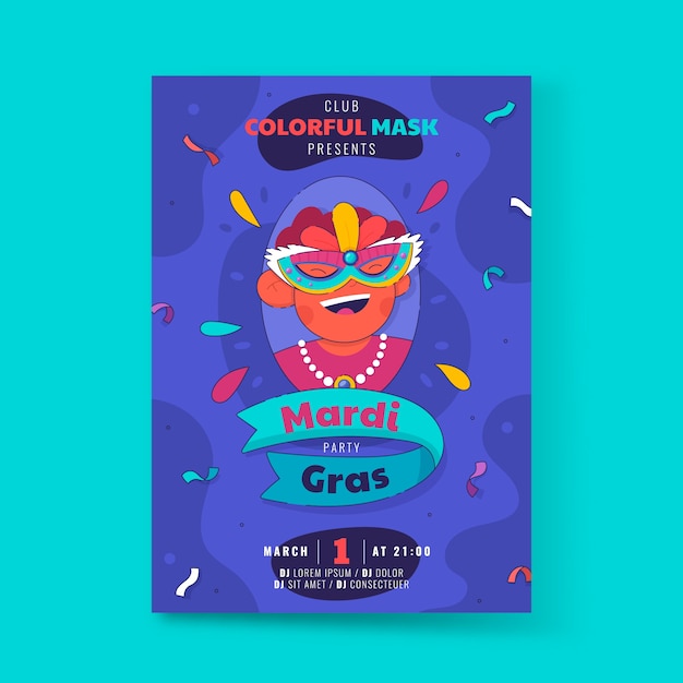 Hand drawn mardi gras vertical flyer template