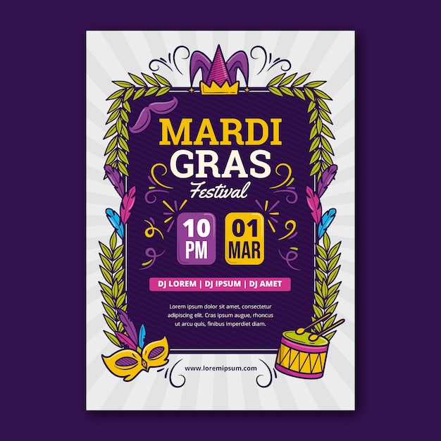 Hand drawn mardi gras vertical poster template