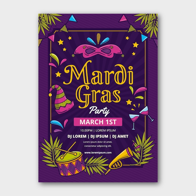 Hand drawn mardi gras vertical poster template