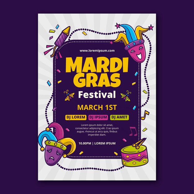 Hand drawn mardi gras vertical poster template