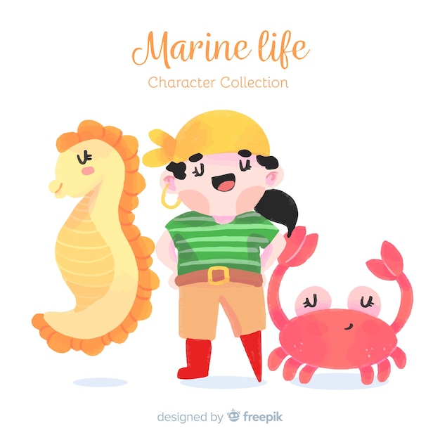 Hand drawn marine characters collection