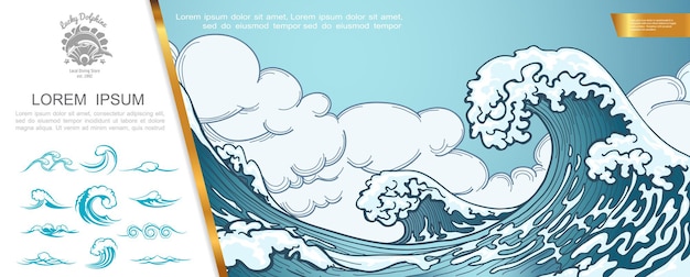 Hand drawn marine concept with big sea storm and tsunami waves  illustration,