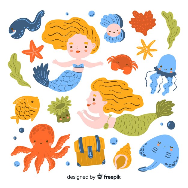 Hand drawn marine life character collection