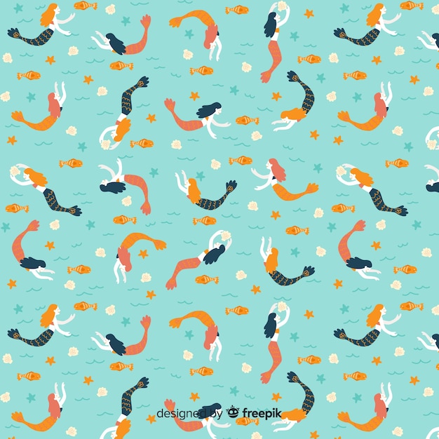 Hand drawn marine pattern with mermaids