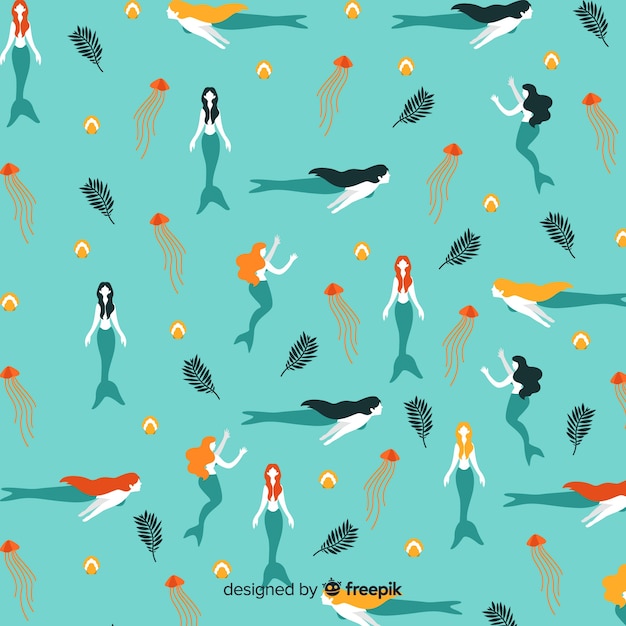 Free Vector hand drawn marine pattern with mermaids