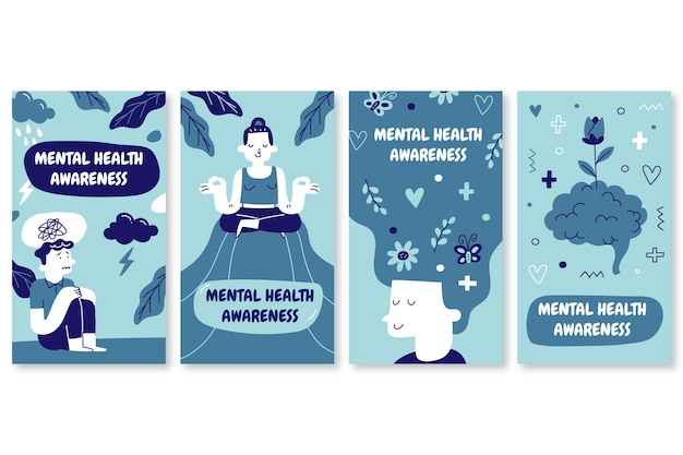 Free vector hand drawn mental health instagram stories collection