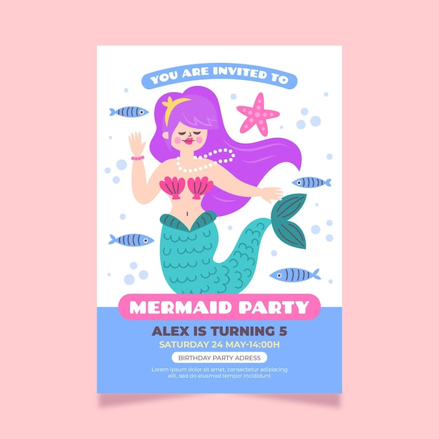 Free vector hand drawn mermaid birthday invitation template