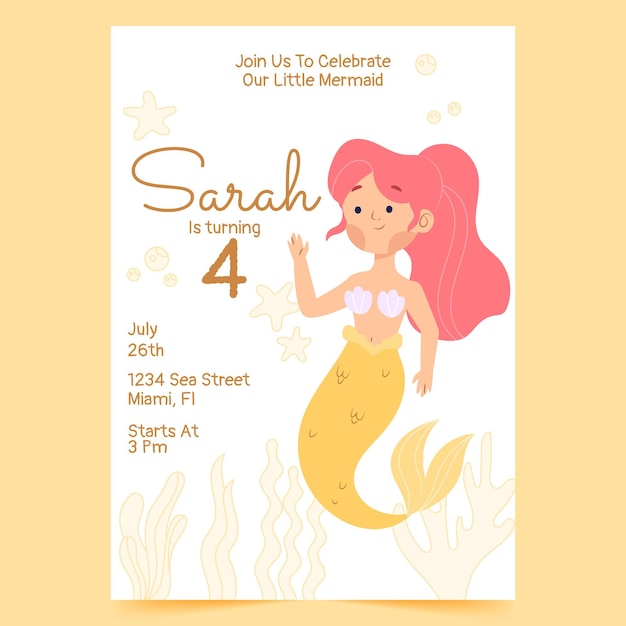 Hand drawn mermaid birthday invitation template