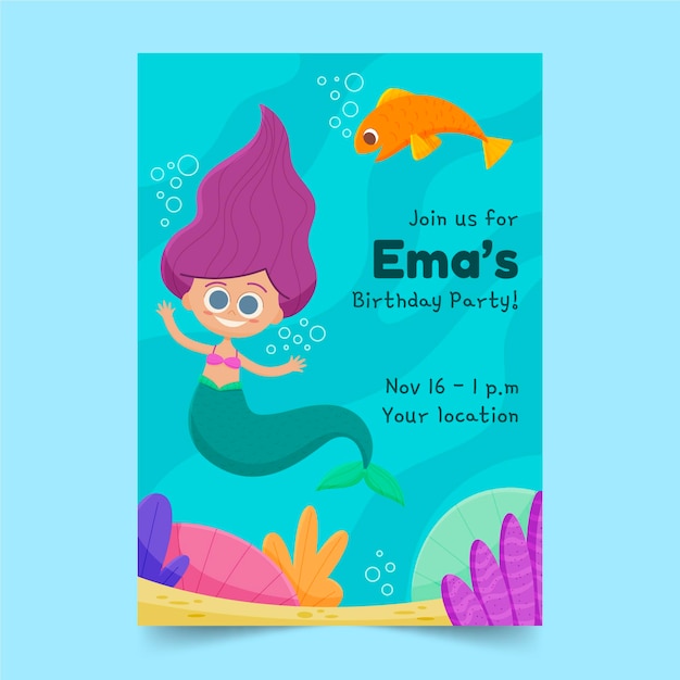 Free vector hand drawn mermaid birthday invitation template