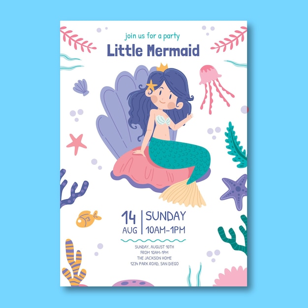 Free vector hand drawn mermaid birthday invitation template