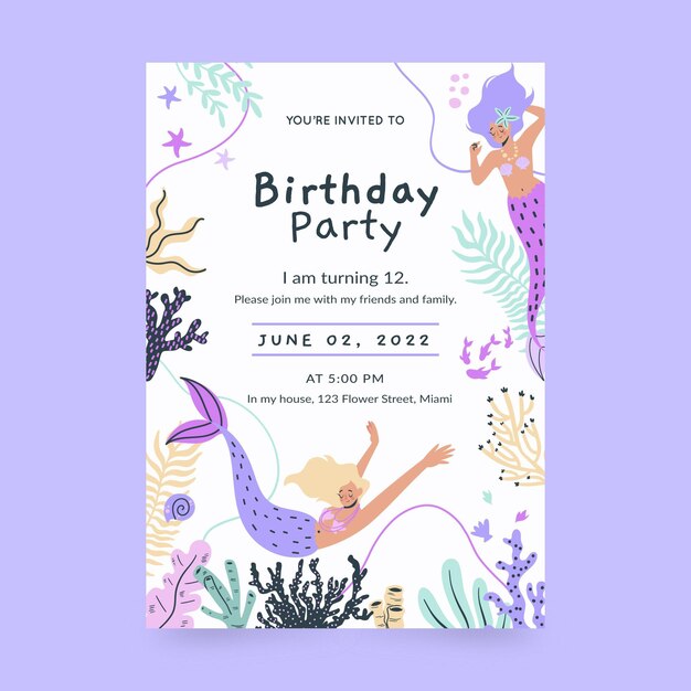 Hand drawn mermaid birthday invitation template