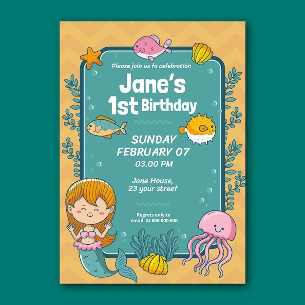 Free vector hand drawn mermaid birthday invitation template