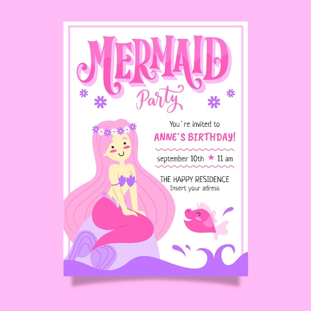 Free vector hand drawn mermaid birthday invitation