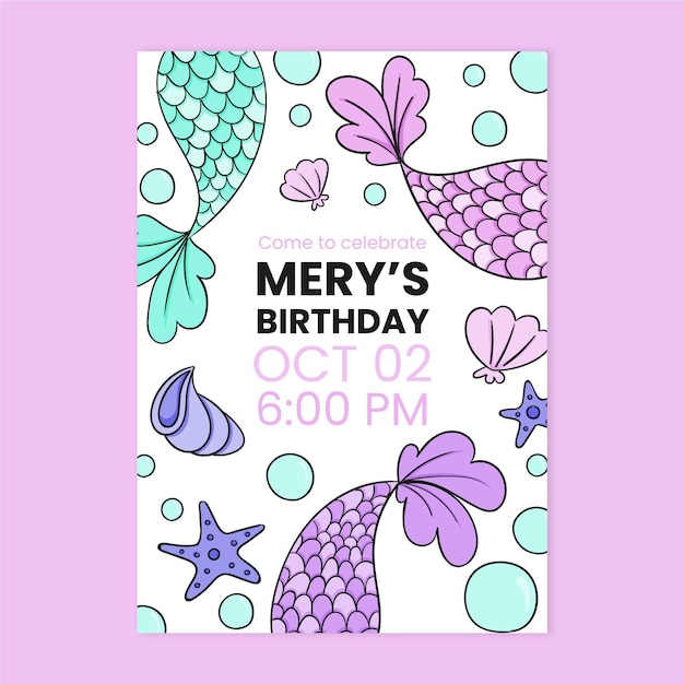 Free vector hand drawn mermaid birthday invitation