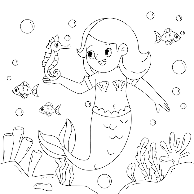 Hand drawn mermaid coloring book illustration