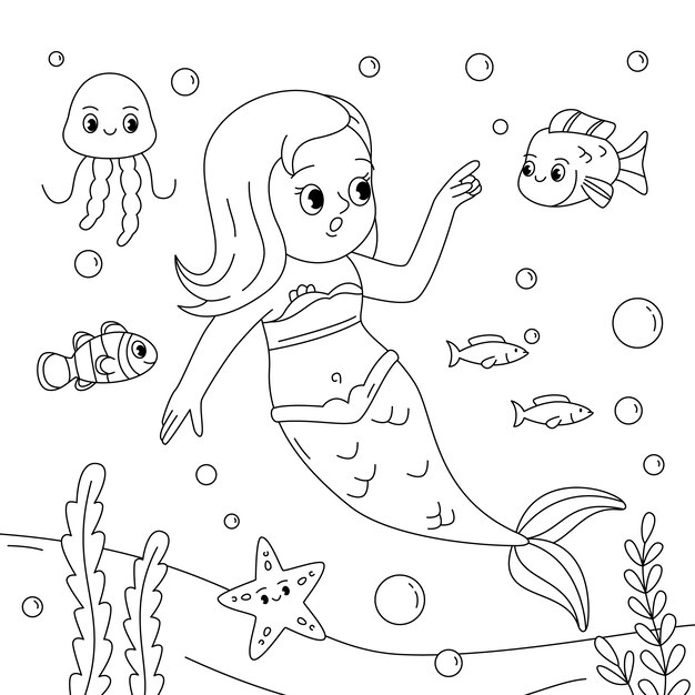 Hand drawn mermaid coloring book illustration