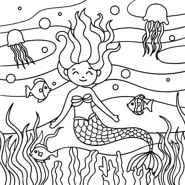 Free Vector hand drawn mermaid coloring book illustration