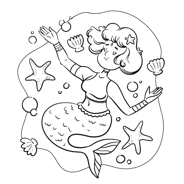 Free Vector hand drawn mermaid coloring book illustration