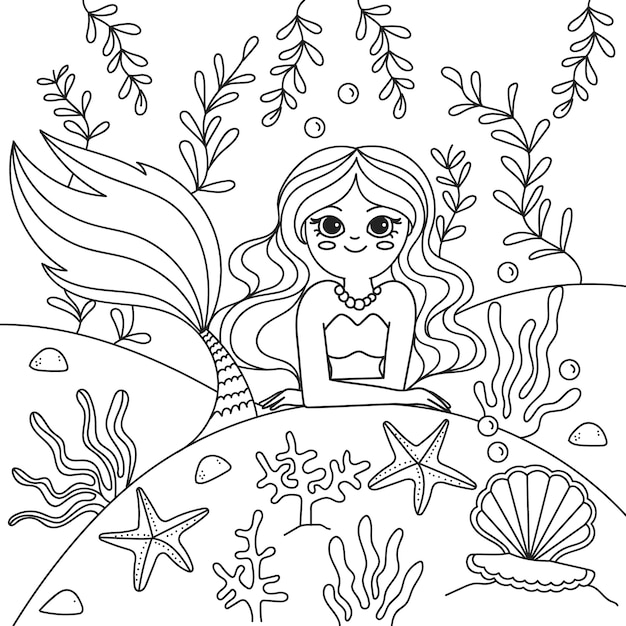 Hand drawn mermaid coloring book illustration