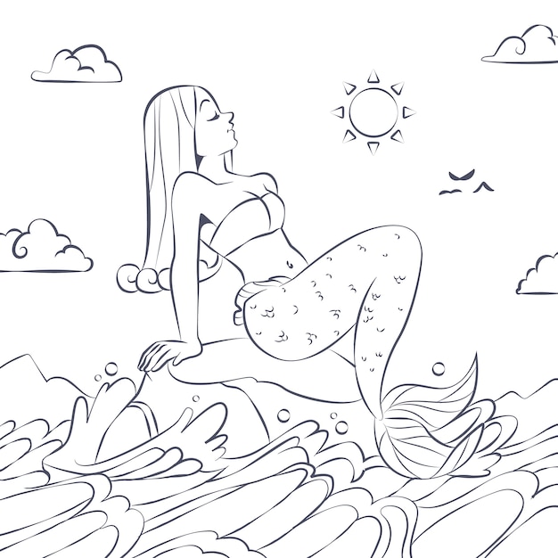 Hand drawn mermaid coloring book illustration