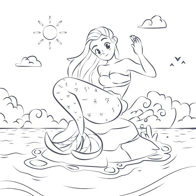 Hand drawn mermaid coloring book illustration