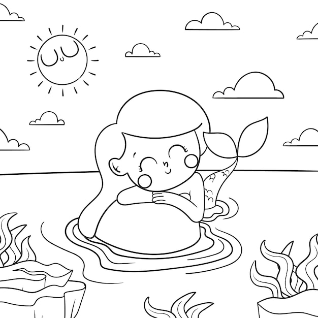 Free Vector hand drawn mermaid coloring book illustration