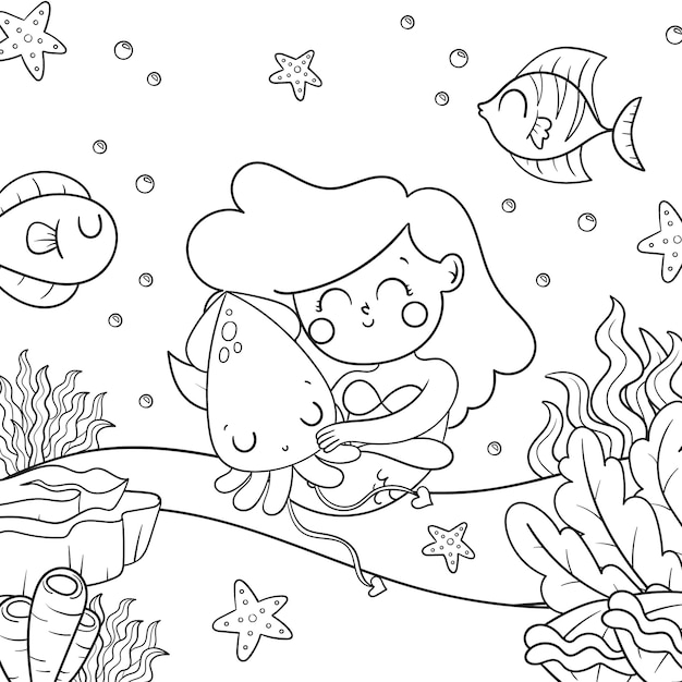 Free Vector hand drawn mermaid coloring book illustration