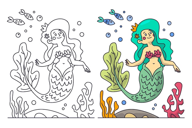 Hand drawn mermaid coloring book illustration