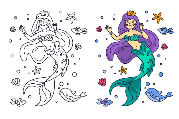 Hand drawn mermaid coloring book illustration