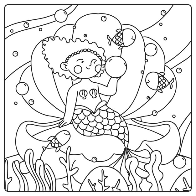 Hand drawn mermaid coloring book illustration