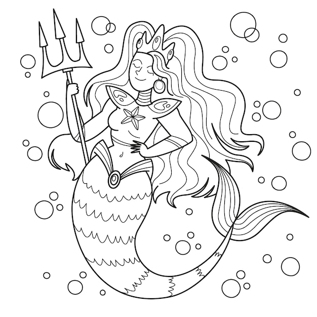 Hand drawn mermaid coloring book illustration