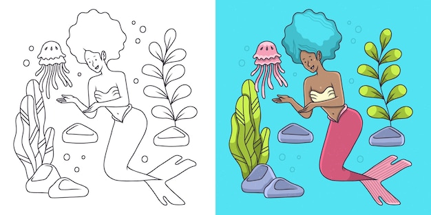 Free Vector hand drawn mermaid  coloring book illustration