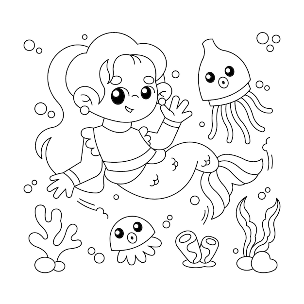 Free Vector hand drawn mermaid coloring book illustration