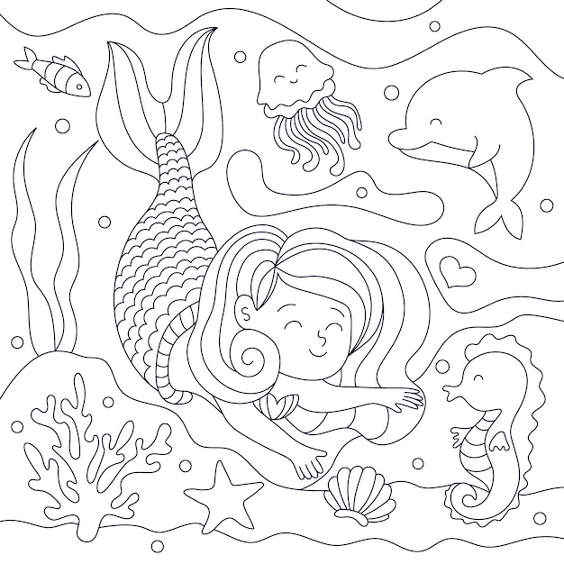 Free vector hand drawn mermaid coloring book illustration