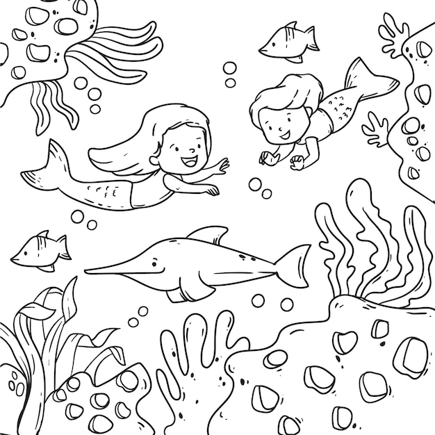 Free Vector hand drawn mermaid coloring book illustration