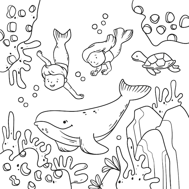 Free Vector hand drawn mermaid coloring book illustration