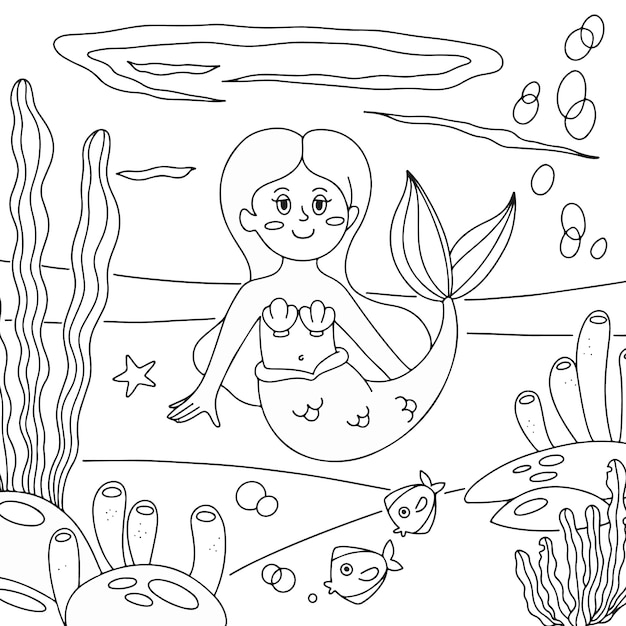 Free Vector hand drawn mermaid coloring book illustration