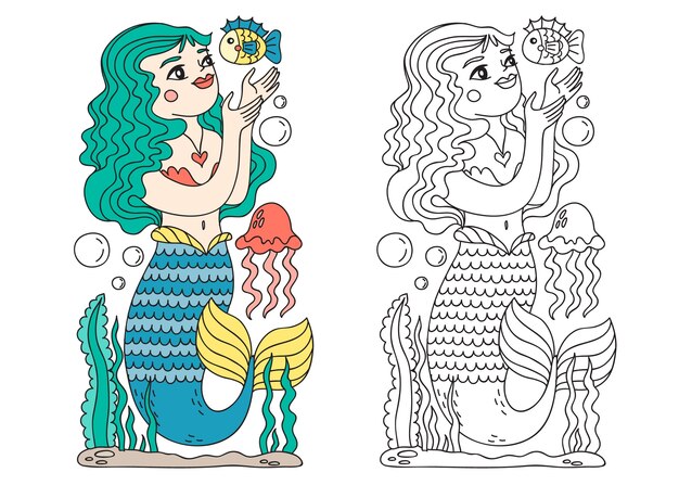 Hand drawn mermaid coloring book illustration