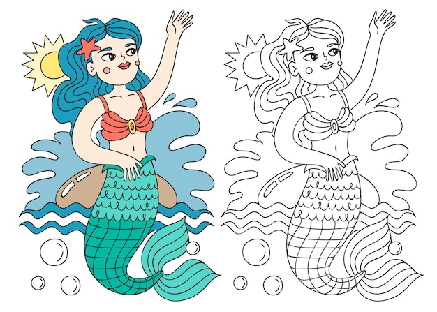 Hand drawn mermaid coloring book illustration