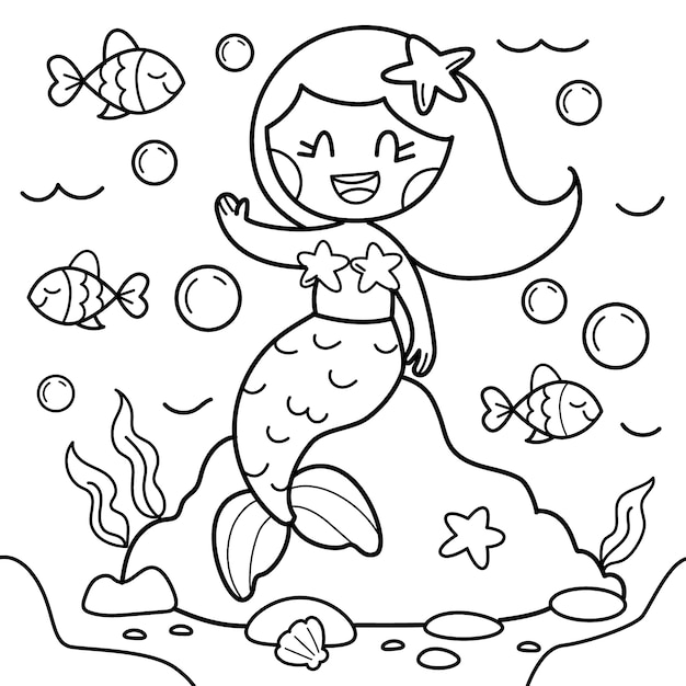 Free Vector hand drawn mermaid  coloring book illustration