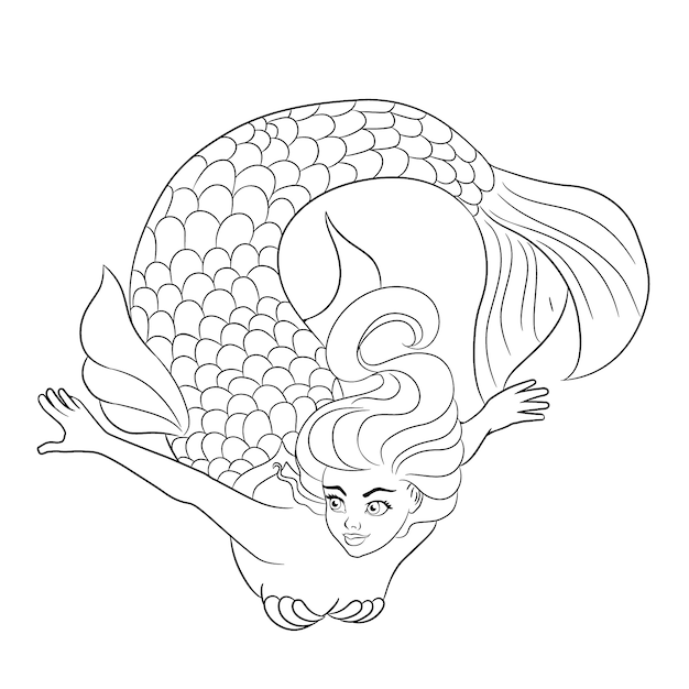 Hand drawn mermaid outline illustration